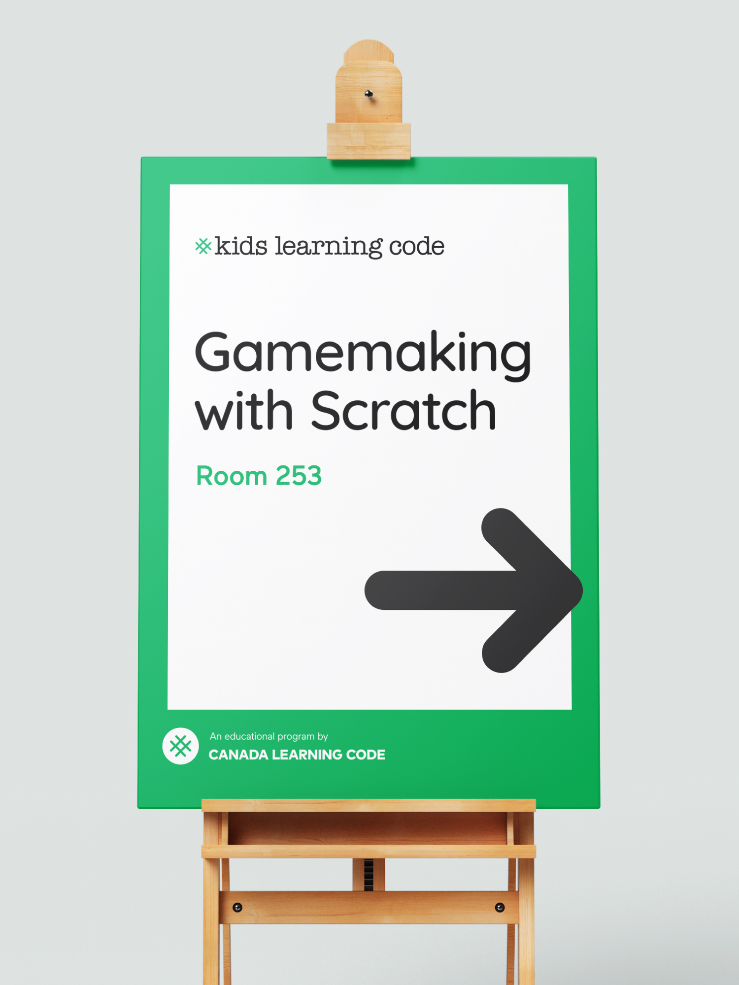 Printed wayfinding poster design for a Kids Learning Code workshop event