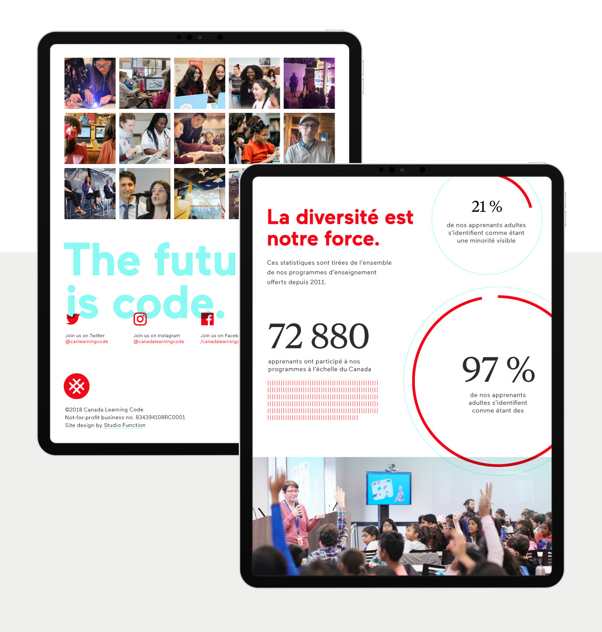 Responsive web design for Canada Learning Code highlighting brand tagline, user-generated photography, engagement statistics, and french content