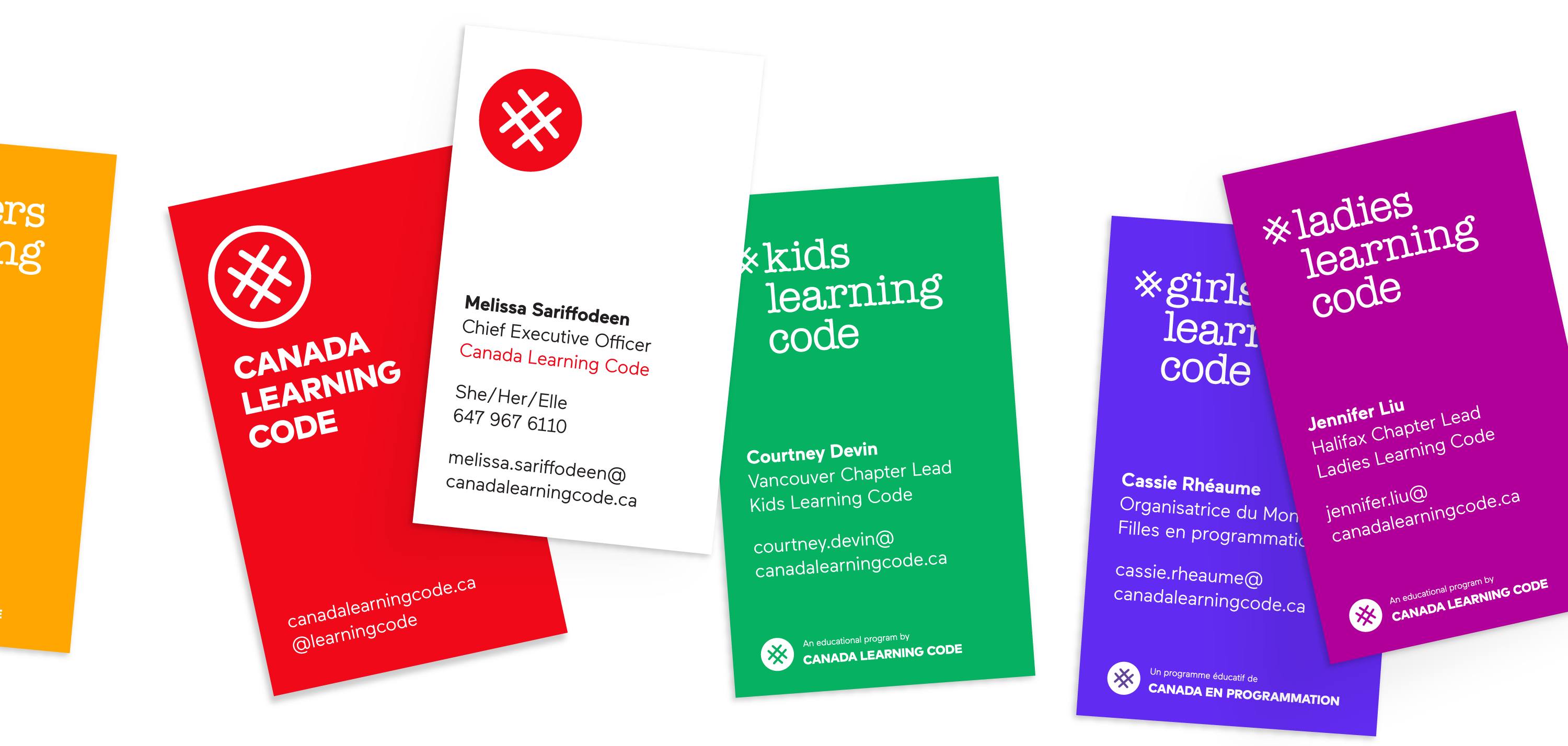 Printed business card designs for the Canada Learning Code leadership team and other program chapter leads
