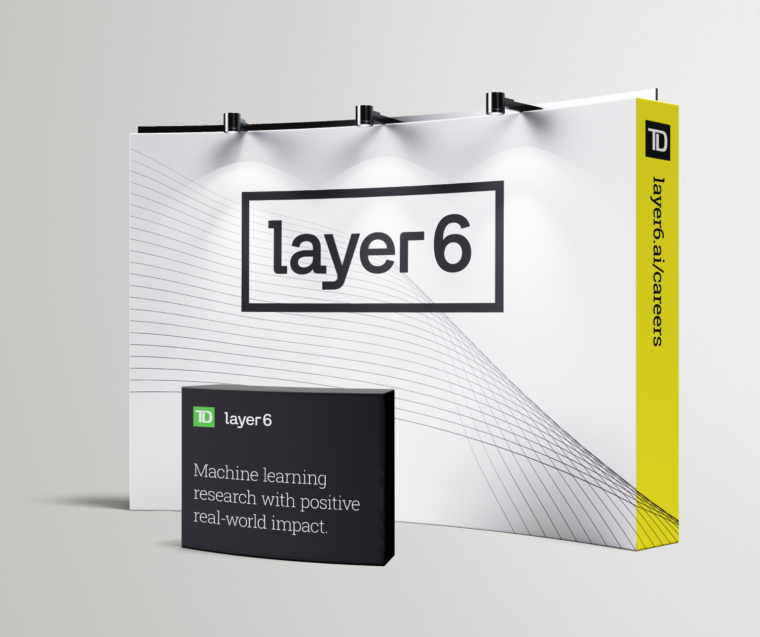 Tradeshow booth design concept for Layer 6 and TD Bank featuring prominent logo design and large linear elements