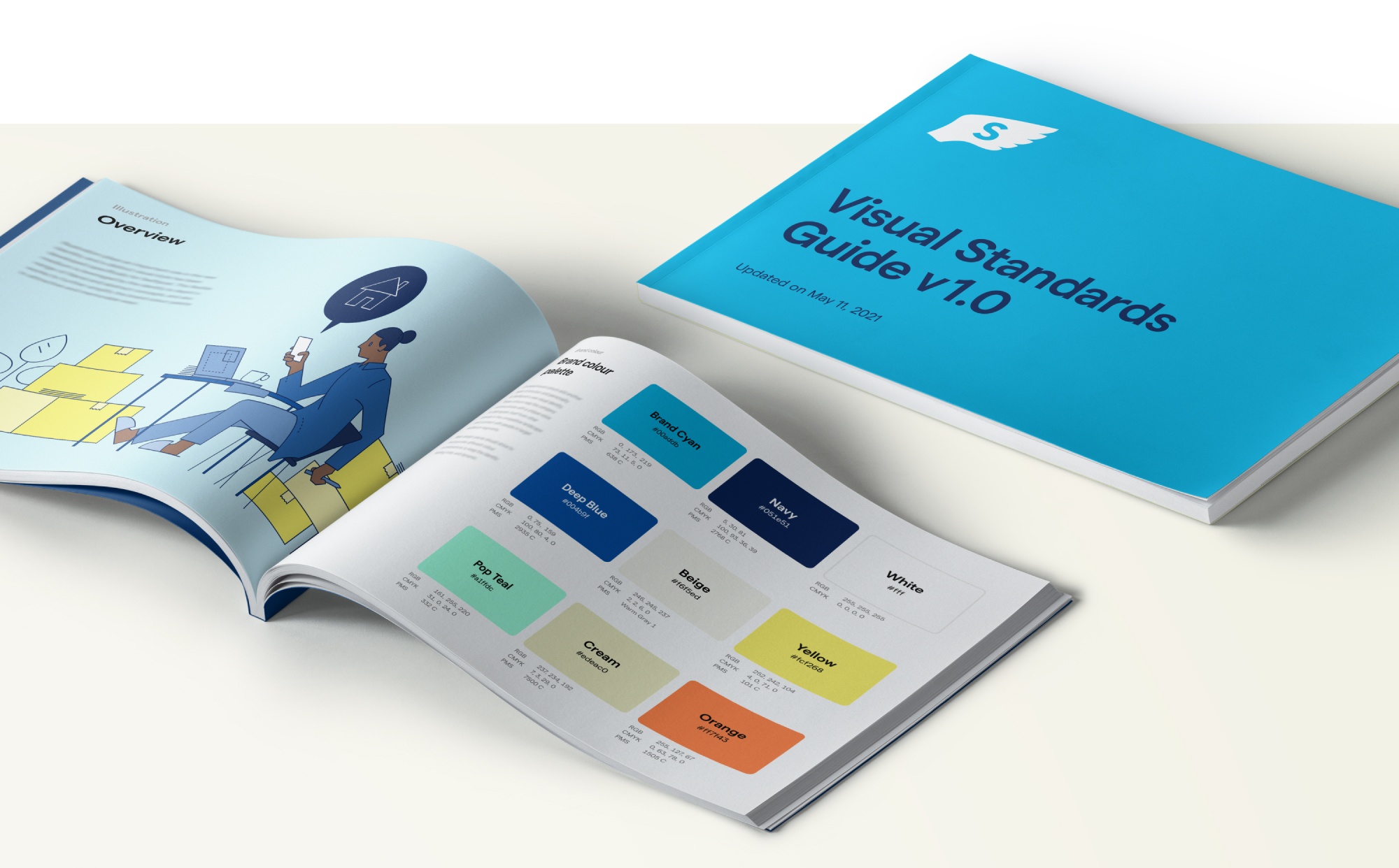 Cover and spread of the Visual Standards Guide for Swiftpost’s internal design team