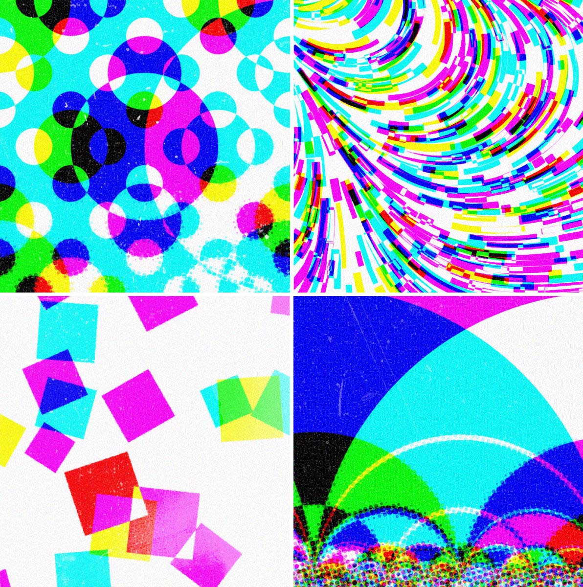 Row of 4 colourful patterns with circles, squares, and flow field lines