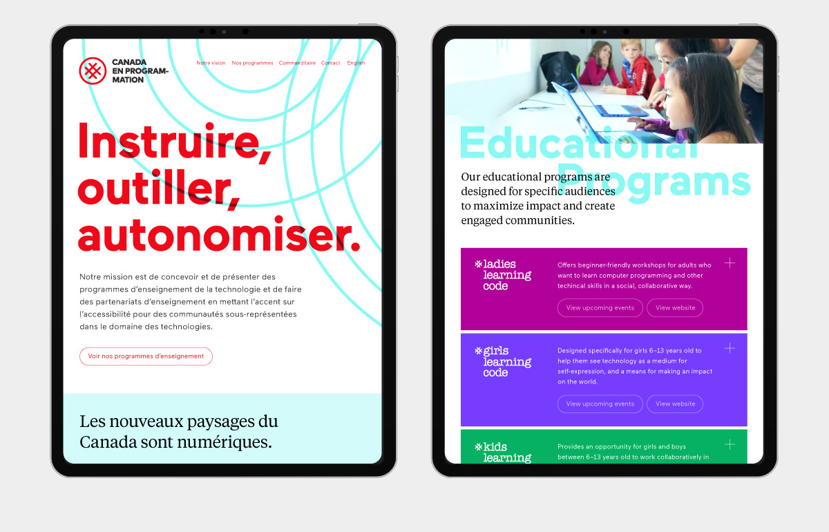 Responsive web design for Canada Learning Code featuring content strategy in English and French