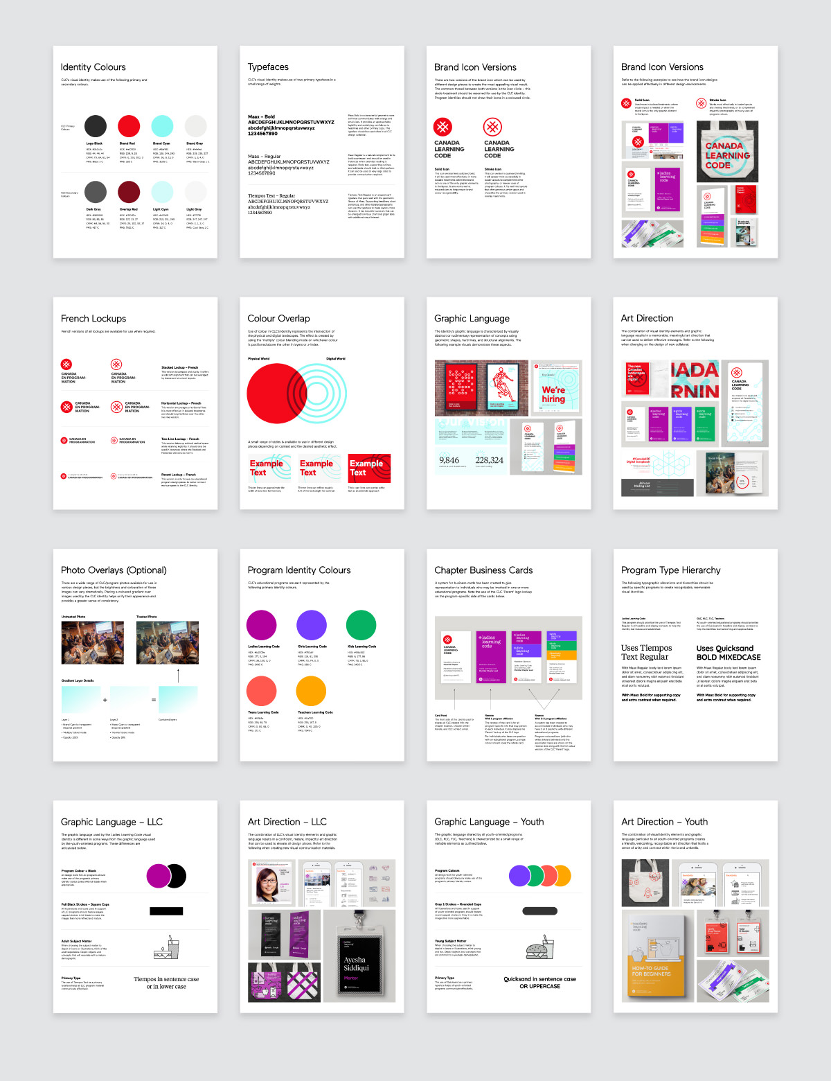 Pages from the visual identity standards guide for Canada Learning Code featuring logo design, colour palette, program identity art direction, and other considerations for consistent use of brand assets