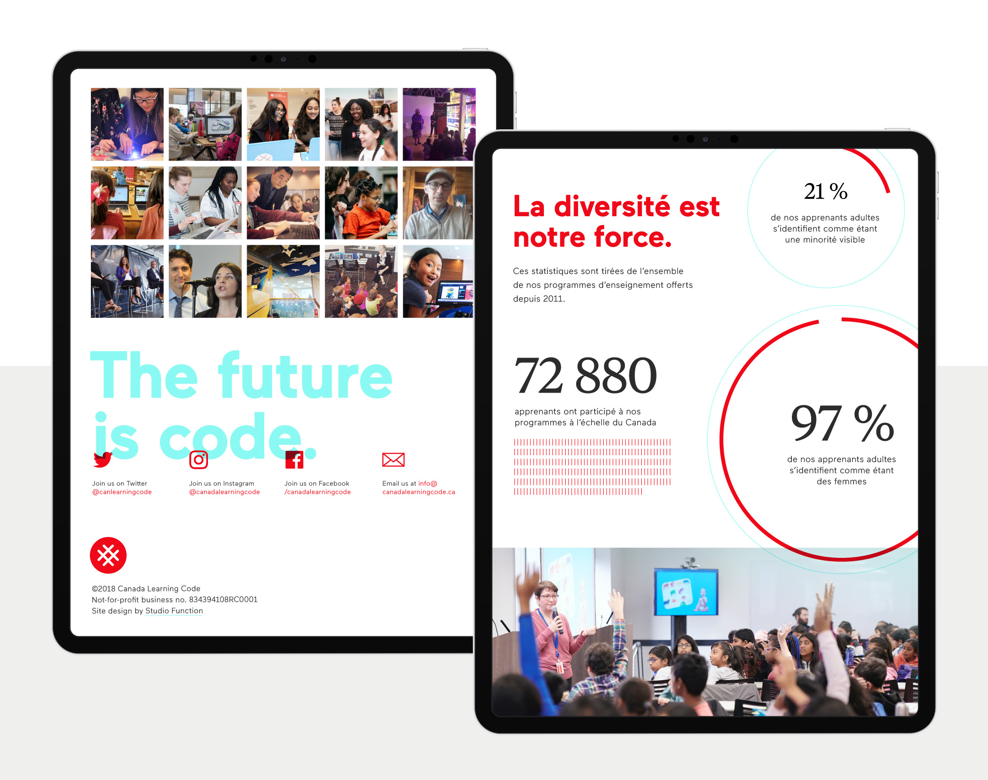 Responsive web design for Canada Learning Code highlighting brand tagline, user-generated photography, engagement statistics, and french content