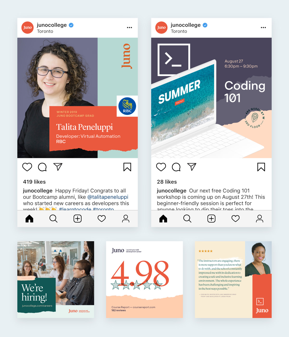 Social media template design for Juno featuring new logo design and branding (formerly HackerYou)