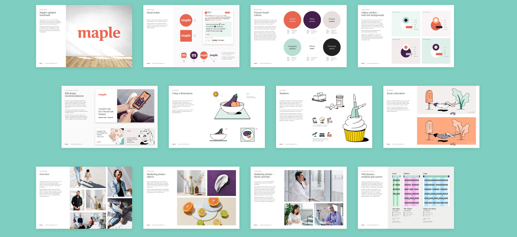 Internal pages of Visual Standards doc with Maple logo design, brand colours, type, illustration, photos, and web guidelines