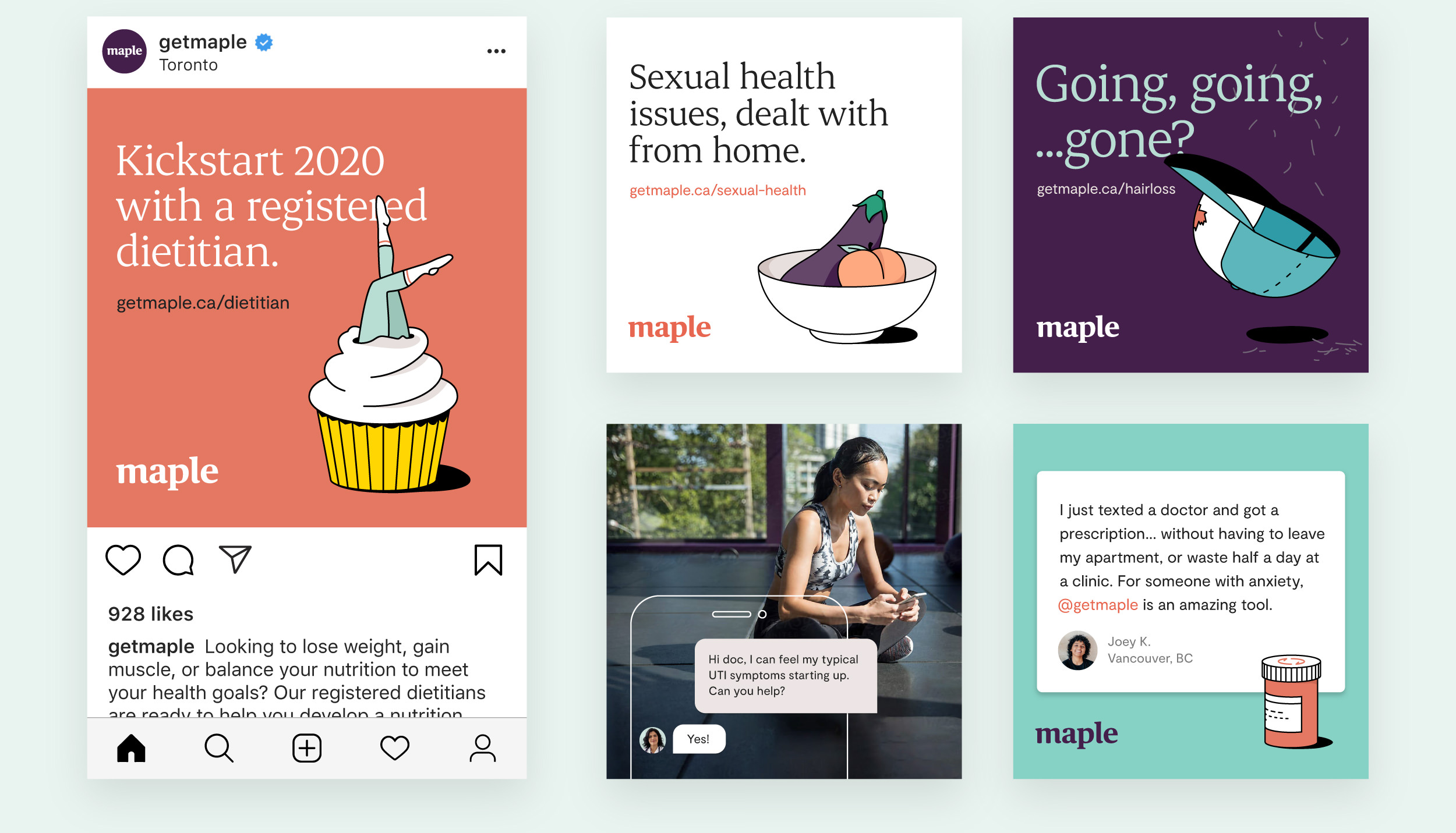 Social media marketing templates for Maple online healthcare with brand illustrations, colour palette, and logo design