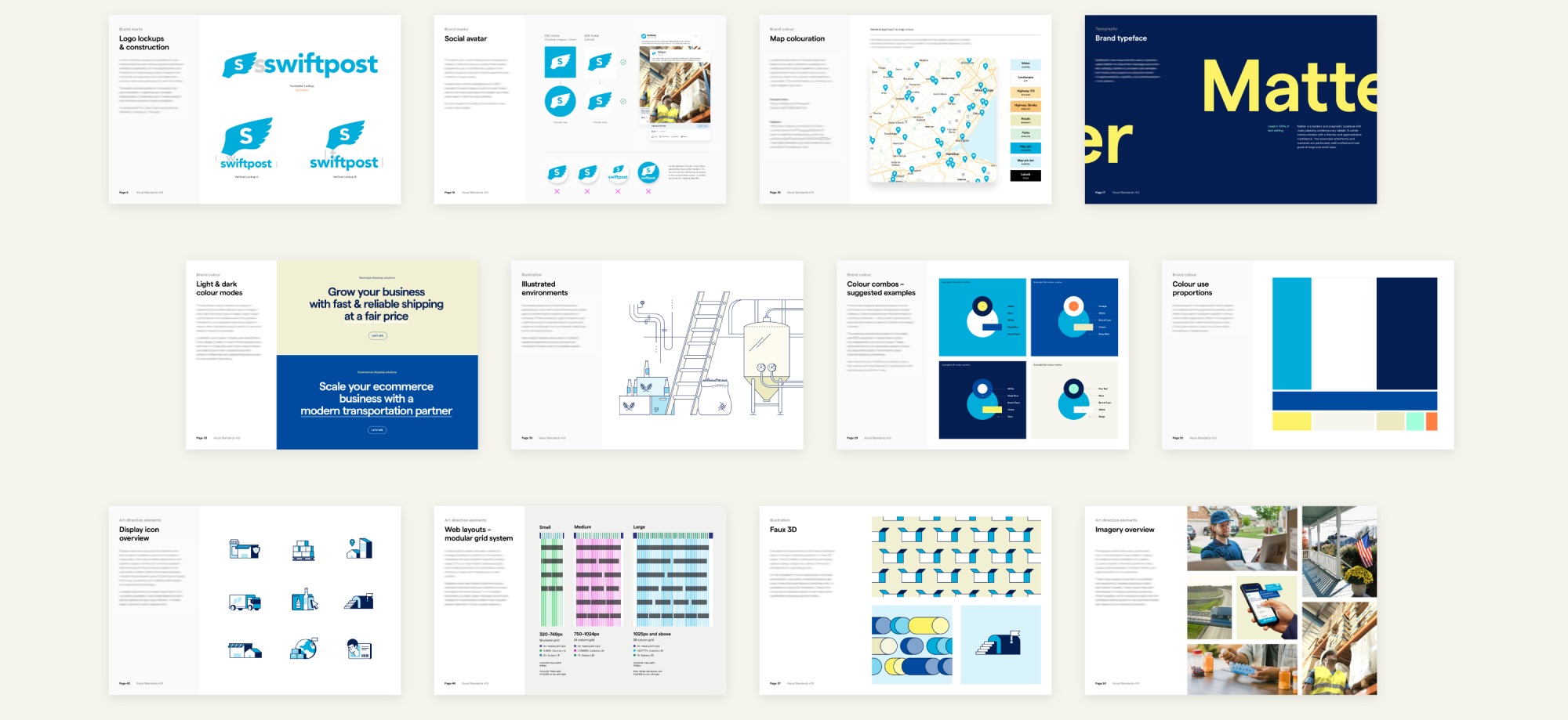 Internal pages of Visual Standards doc with Swiftpost logo design, brand colours, type, illustration, photos, and web guidelines